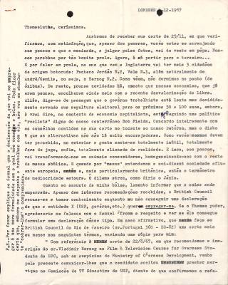 Carta de Vladimir Herzog para Tamás Szmrecsányi, 1 dez. 1967
